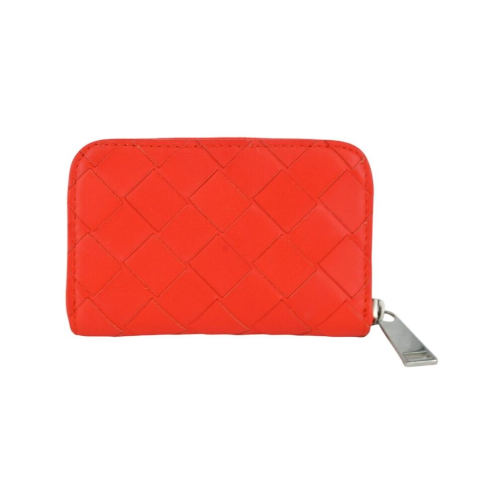 Bottega Veneta Red Orange Intrecciato Woven Leather Zip Coin Purse